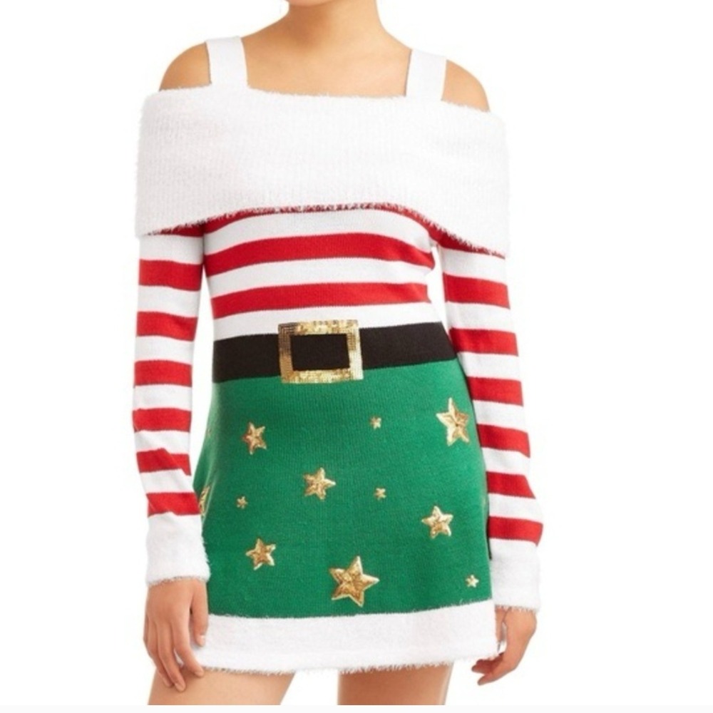 Holiday Time Womens Christmas Dress‎ XL Elf Santa Costume Striped Off Shoulder